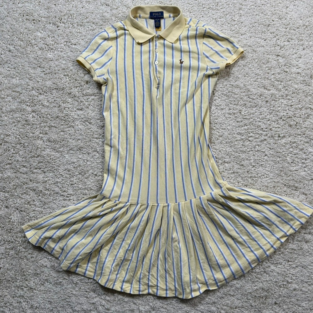 Polo Ralph Lauren Striped Oxford Mesh Polo Dress Large 12-14 Yellow Blue Girls